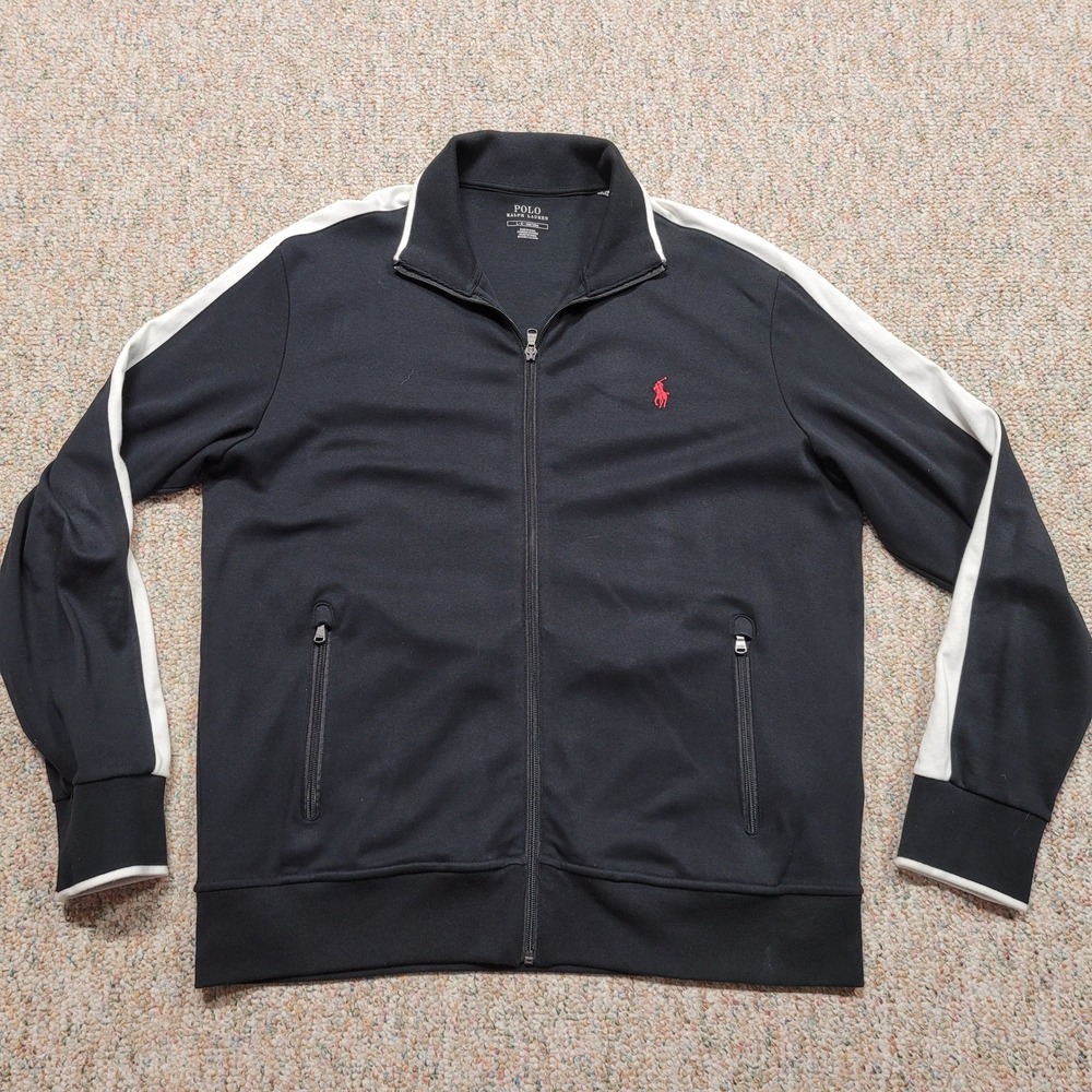 Polo Ralph Lauren Track Jacket Mens Large Black‎ White Stripe Full Zip Pony